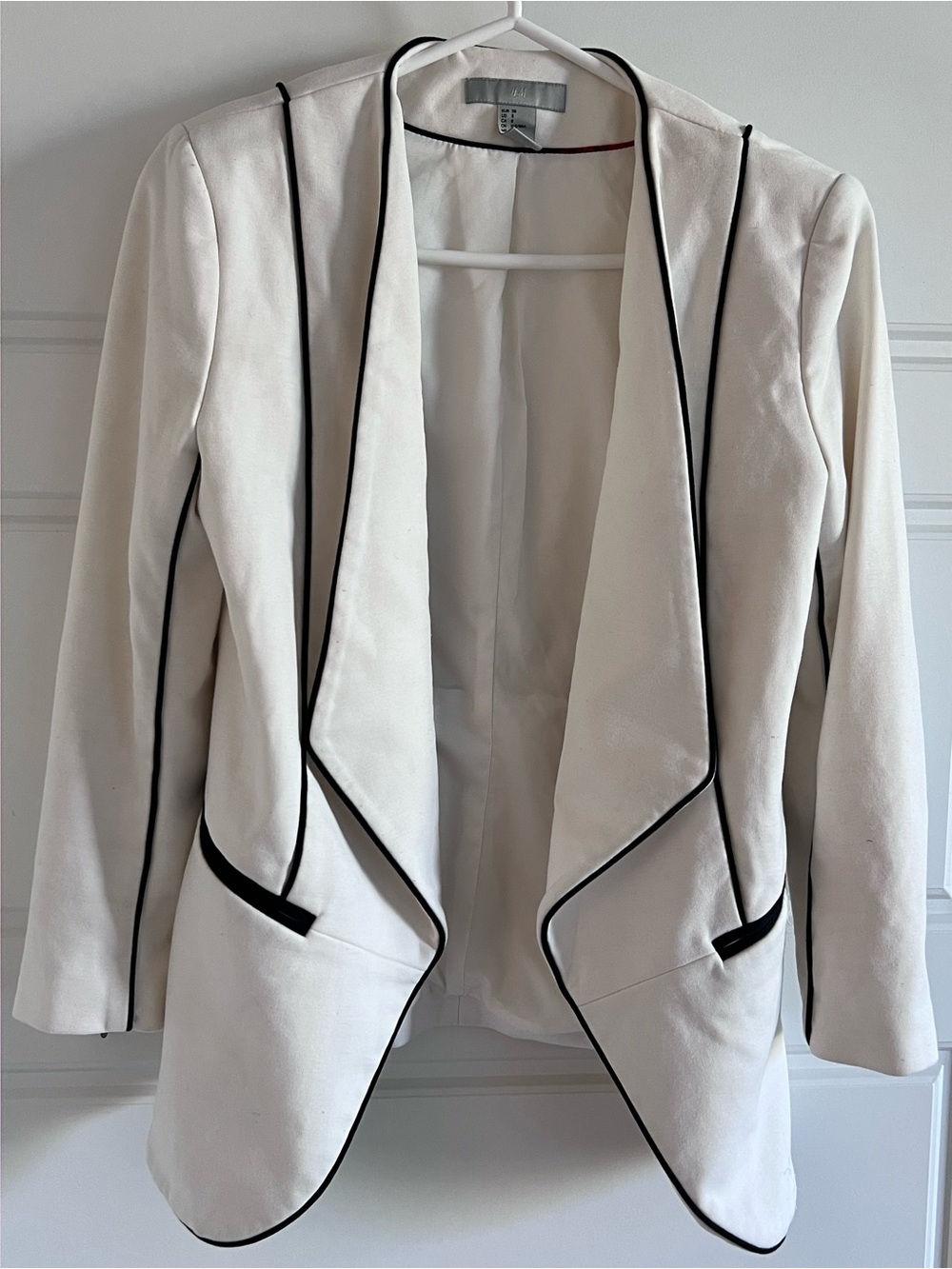 H&M White Draped Blazer with Black Piping